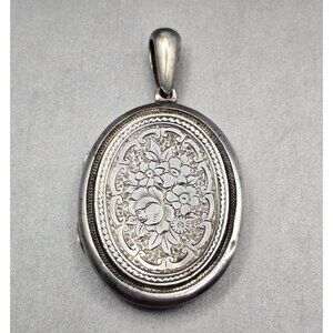 Antique Victorian Sterling Silver Floral Locket Pendant 2" Photo Insert 16.5g